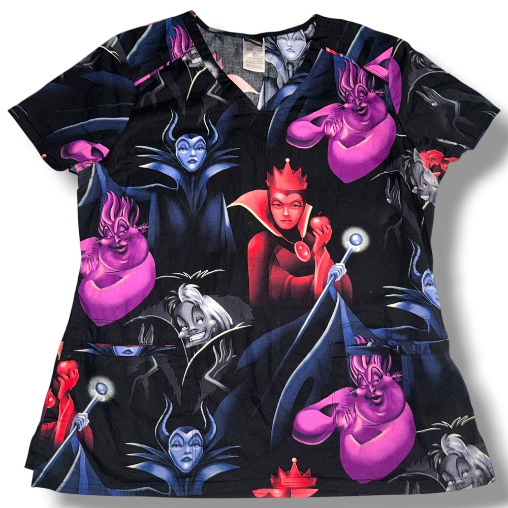 Disney Villains Scrub Top Women Large Black Ursula Maleficent V-Neck AOP TF666